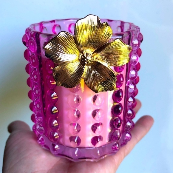 Other - Pink Glass Candle With Gold Flower